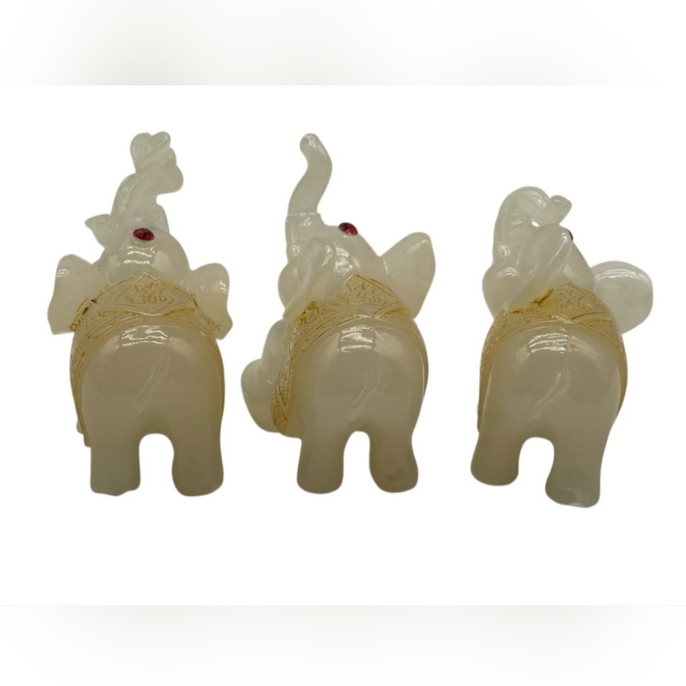 Feng Shui Set of 3 White Jade Elephant Figurines with Gold Accents - Picture 6 of 11